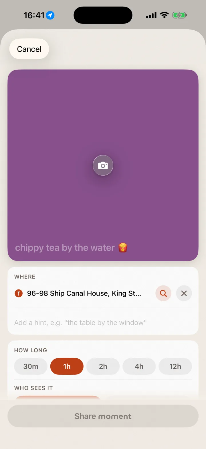 Sharing a new moment: chippy tea by the water, for an hour