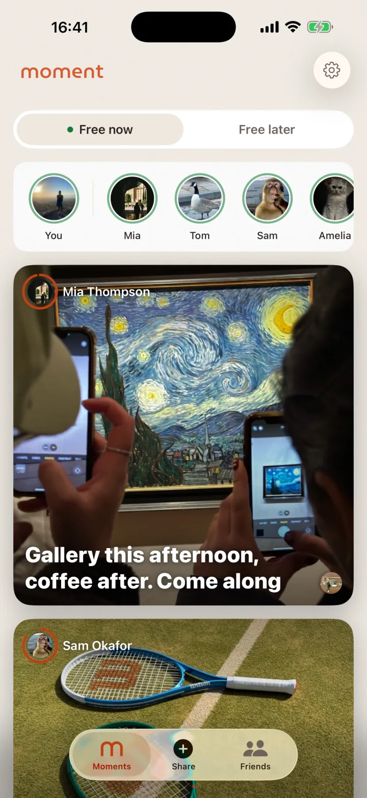 The Moment feed: Mia's at a gallery, Sam needs a fourth for doubles