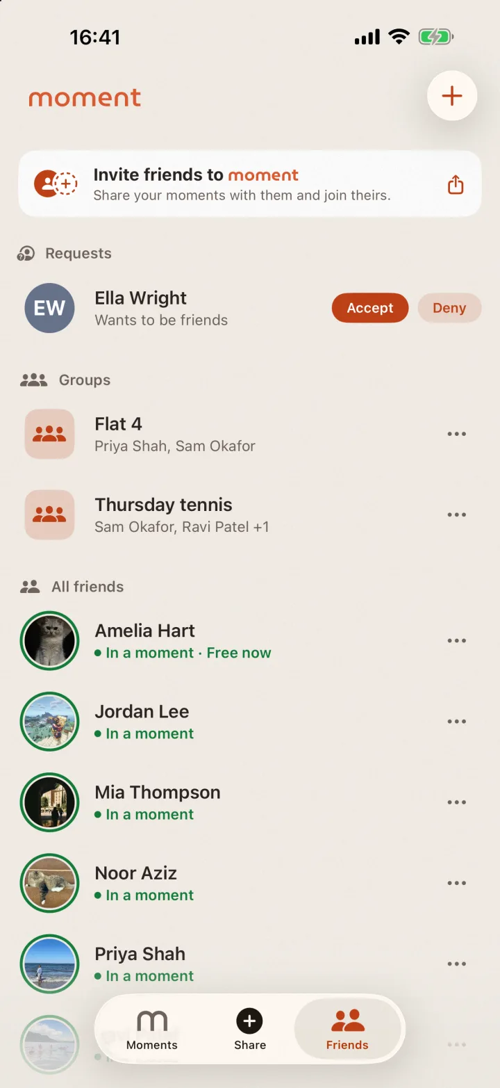 Your friends and groups, with who's in a moment and who's free now
