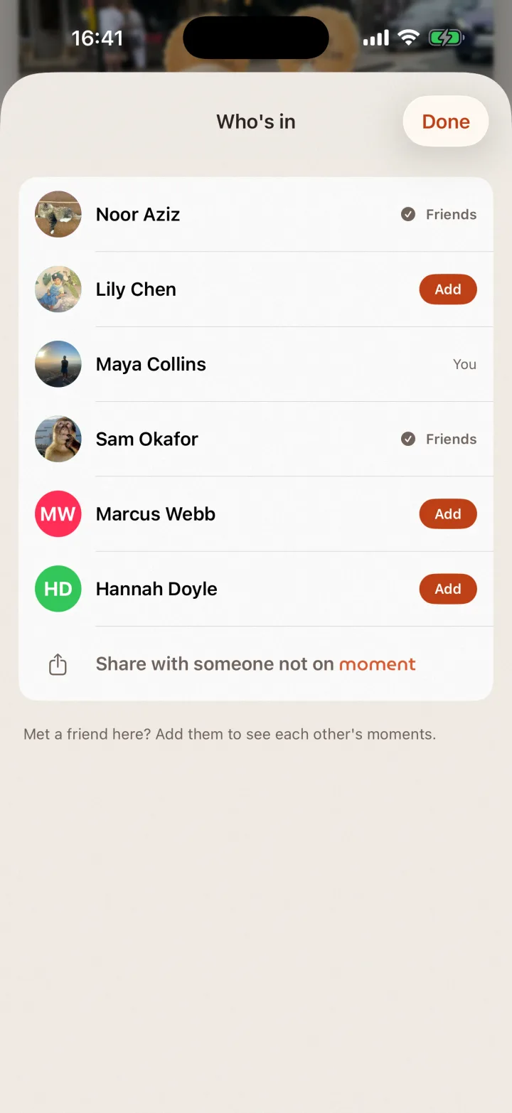 Who's in a moment, with Add buttons next to friends of friends